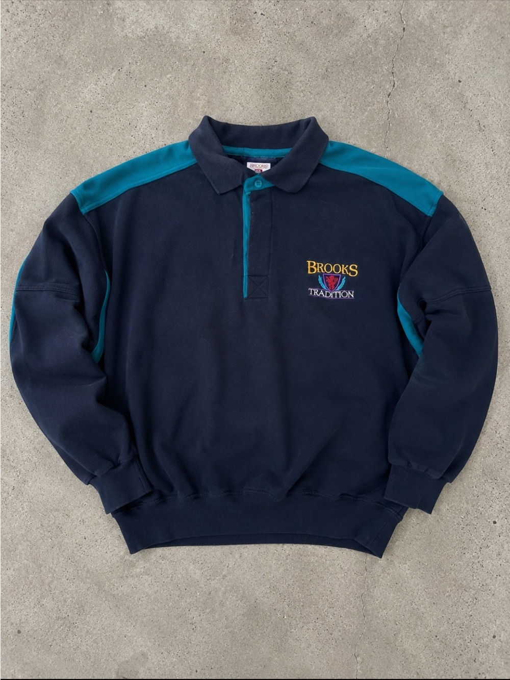 Vintage Brooks Tradition Rugby Sweatshirt Pullover Mens Medium Navy Teal Bloke